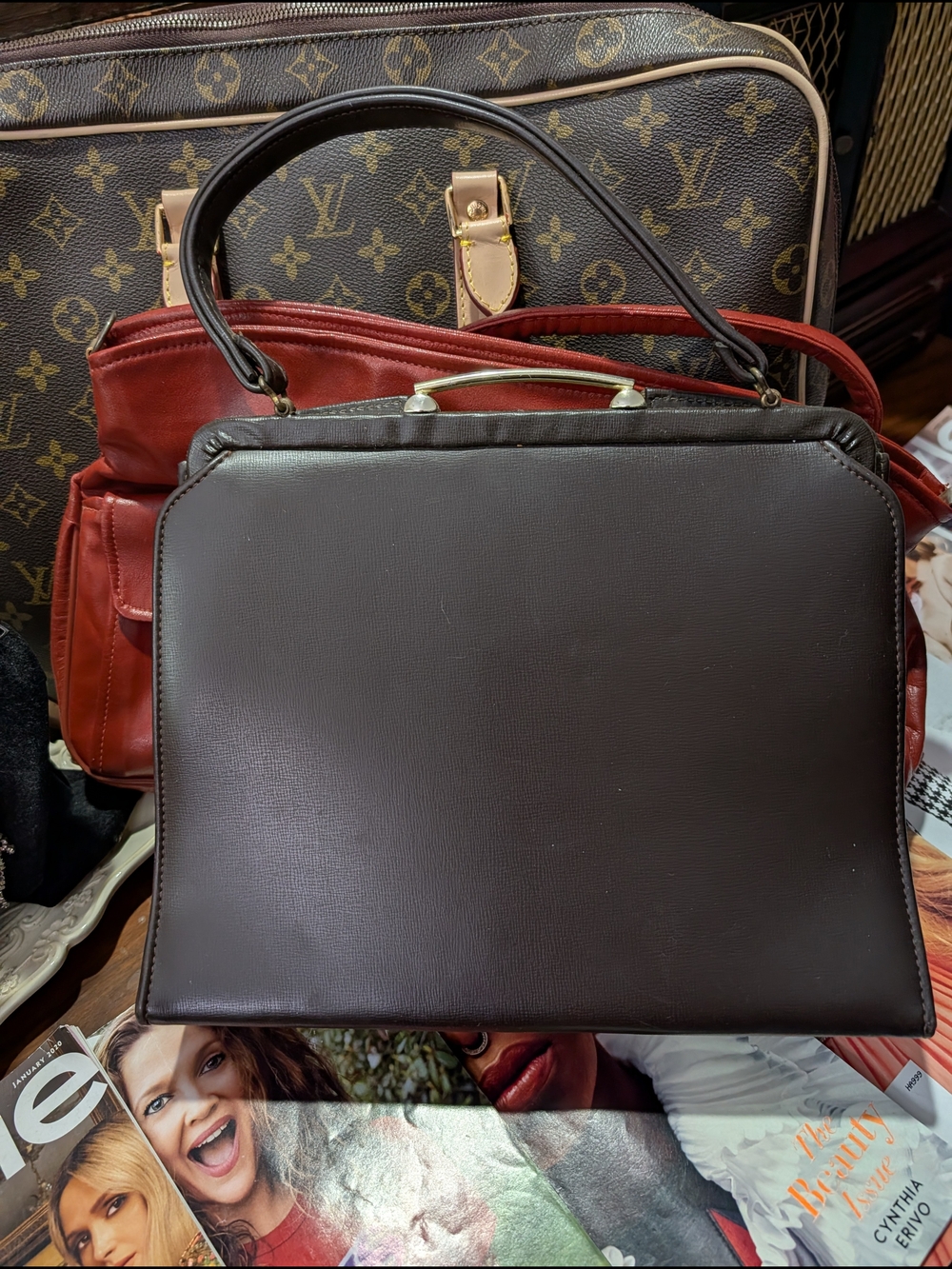 Vintage Structured Brown Top-Handle Satchel with Gold Accent - Picture 4 of 7